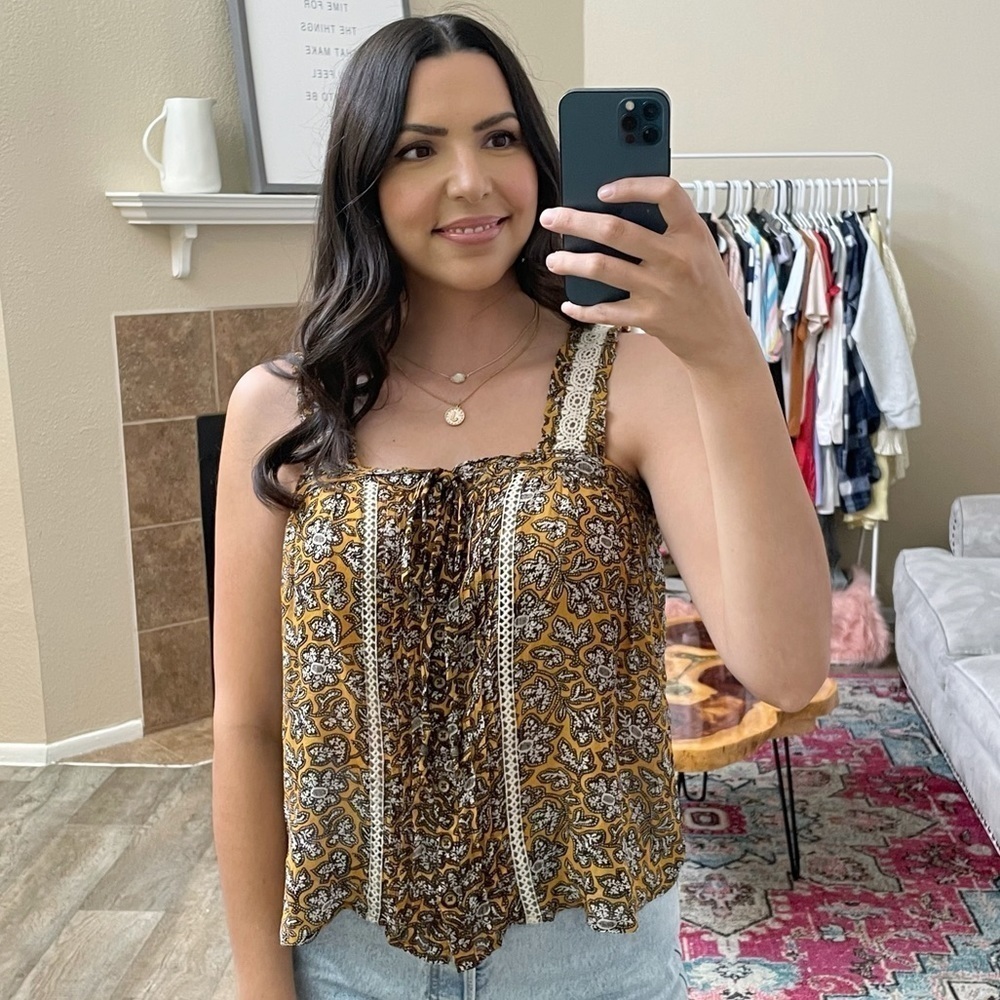 Anthropologie Pleated Printed Boho Bardot Crotchet Top